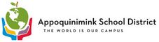 Logo of Appoquinimink School District featuring hands holding a green apple shaped like a globe, with the tagline The World Is Our Campus to the right of the image.