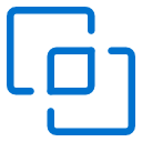 Two blue, open squares overlap on a light gray background, with one square smaller and centered within the other, creating a modern, abstract design.