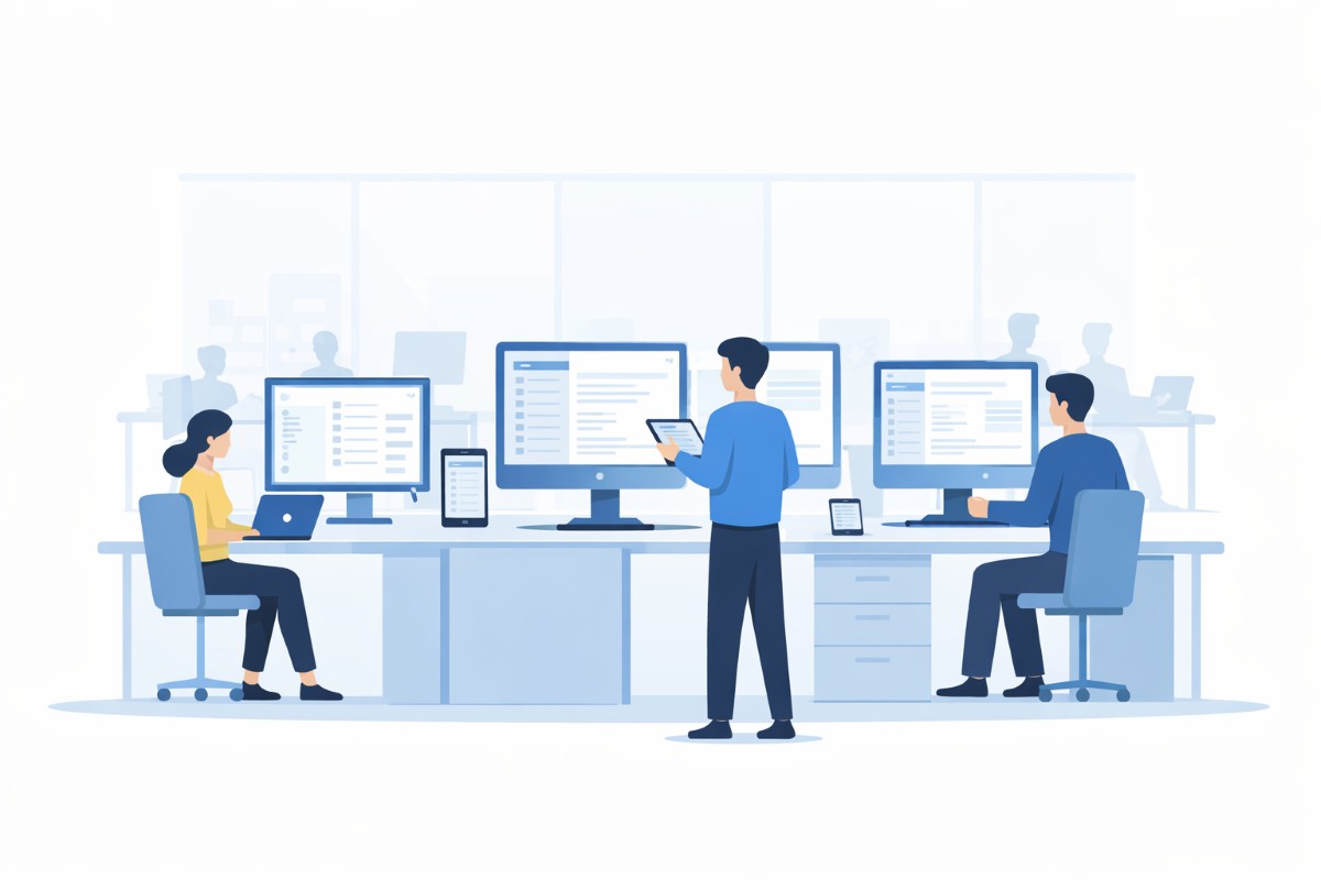 Workers in an office focusing on endpoint security.