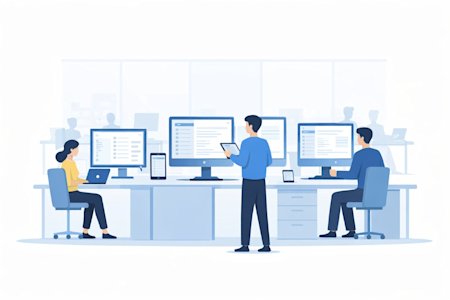 Workers in an office focusing on endpoint security.