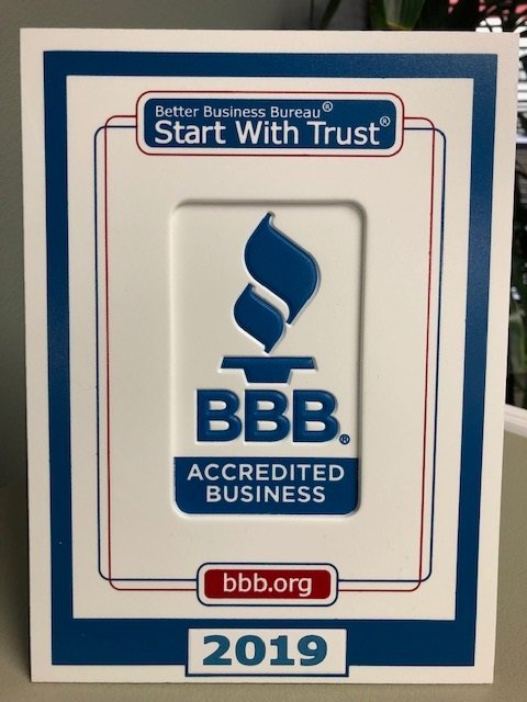 A plaque displaying the Better Business Bureau (BBB) Accredited Business logo, the phrase Start With Trust, the website bbb.org, and the year 2019 at the bottom.