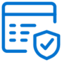 Blue icon showing a web browser window with lines representing text, next to a shield with a check mark, symbolizing online security or verified website protection.