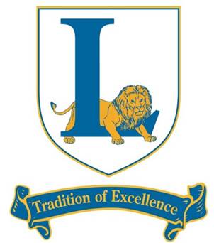 A shield with a large blue letter L and a gold lion lying in front. Below the shield, a blue and gold ribbon reads Tradition of Excellence.