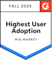 A badge with the G2 logo and text reading “Fall 2025 Highest User Adoption Mid-Market,” featuring a blue border at the bottom.