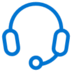 Blue line drawing of a headset with a microphone, representing customer support or a call center.