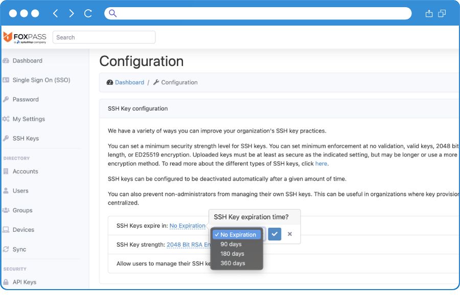 A web page displays SSH key configuration settings. A dropdown menu labeled SSH Key expiration time? is open, showing options: No Expiration, 90 days, 180 days, and 360 days. The No Expiration option is highlighted.