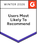 A badge with the G2 logo and text: Winter 2026 Users Most Likely To Recommend on a white background with a purple border at the bottom.