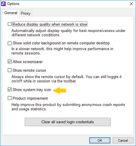 Options window with various checkboxes related to remote desktop settings. An arrow points to the checked “Show system tray icon” option. Buttons for clearing saved credentials, OK, and Cancel appear at the bottom.