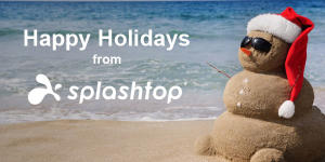 Sandman wearing sunglasses and a Santa hat with 'Happy Holidays from Splashtop' message