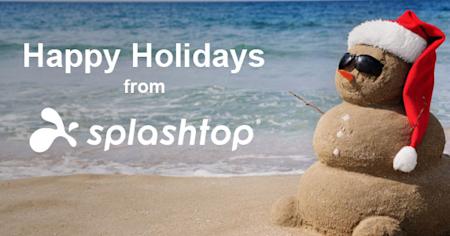 Sandman wearing sunglasses and a Santa hat with 'Happy Holidays from Splashtop' message