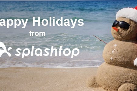 Sandman wearing sunglasses and a Santa hat with 'Happy Holidays from Splashtop' message