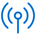 Blue wireless signal icon showing a central circle with a vertical line beneath it and curved lines on each side, symbolizing transmission or connectivity, on a light background.