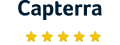 stylized “Capterra” wordmark (deep-blue) to the right of a multi-colored triangular “arrow/compass” icon; with five gold stars below to indicate a five-star badge.