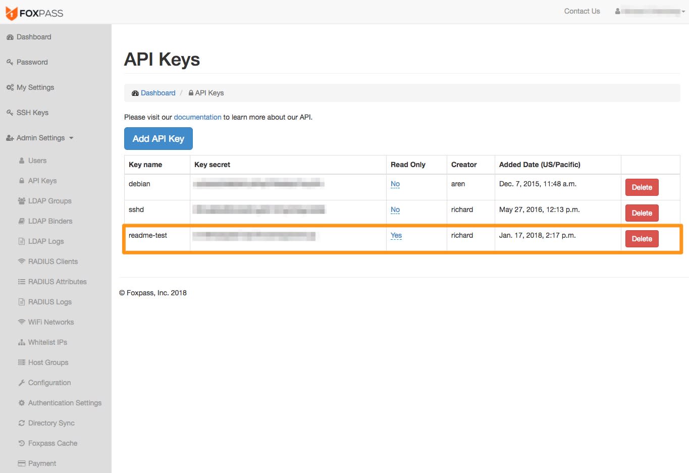 Screenshot showing the API keys feature