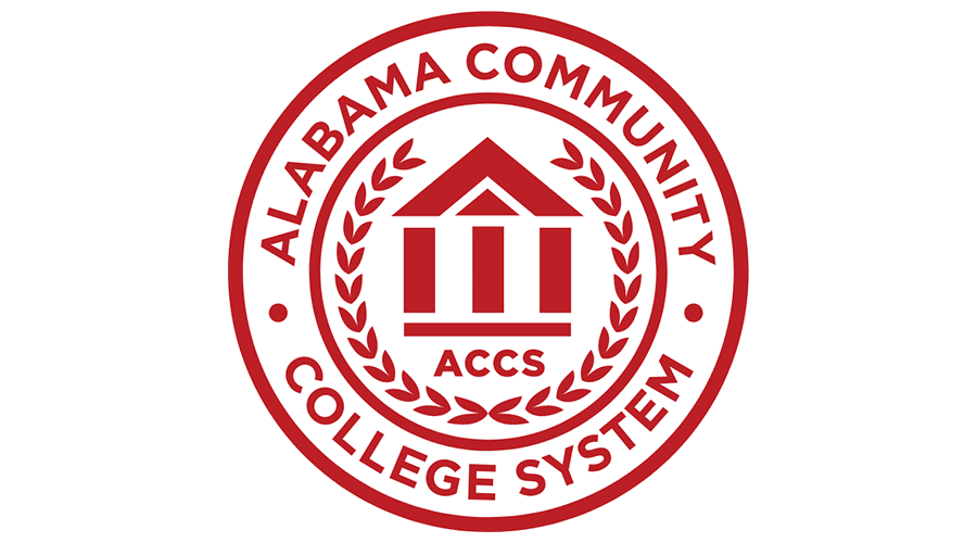 Red and white circular logo for the Alabama Community College System, featuring a building icon with ACCS below it and surrounded by laurel branches and the organizations name.