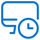 Blue icon of a computer monitor with a clock face in the lower right corner, suggesting a concept related to screen time or scheduling.