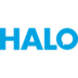 The image shows the word HALO in bold, blue capital letters on a white background. The letter O contains a chat bubble icon within it.