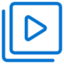A blue play button icon inside two overlapping rounded squares, symbolizing media playback or video content, on a light gray background.