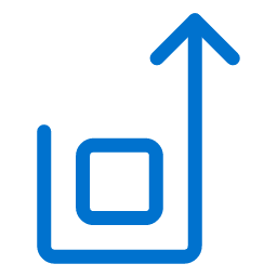 A blue line forms a square on the left, then curves upward into a large arrow pointing diagonally to the top right on a light gray background.