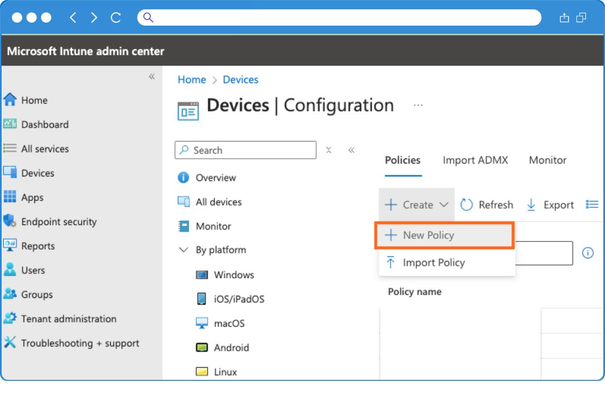 Screenshot of the Microsoft Intune admin center showing the Devices > Configuration section. The “New Policy” option is highlighted under the Policies tab.