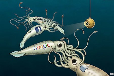 Drawing of several squids representing various social media platforms