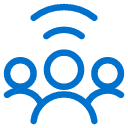 Blue icon of three people with curved lines above the center figure, suggesting communication, connection, or broadcasting among a group.