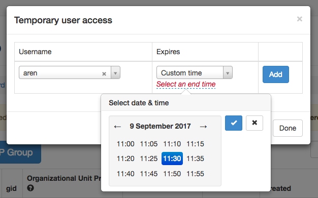 Temporary user access feature screenshot