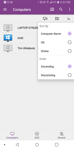 A mobile app screen shows a list of three computers, with a sorting menu open. The menu offers sorting by Computer Name, OS, or Online status, and order by Ascending or Descending, with Ascending selected.