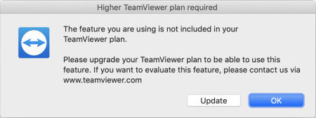 A screenshot from TeamViewer stating a feature is not included in the free version.