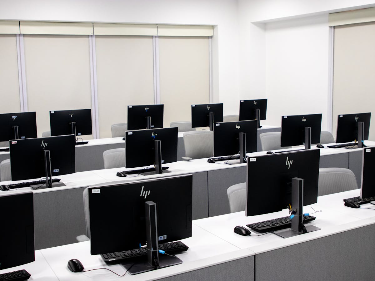 Rows of desktop computers in an office.