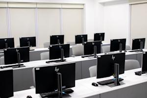 Rows of desktop computers in an office.