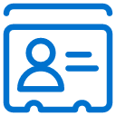 Blue icon of an identification card with a user silhouette on the left and two horizontal lines on the right, representing name or information on the card.