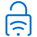 A blue open padlock icon with a wireless signal symbol inside, representing unlocked wireless access or open network security.