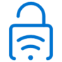 A blue open padlock icon with a wireless signal symbol inside, representing unlocked wireless access or open network security.