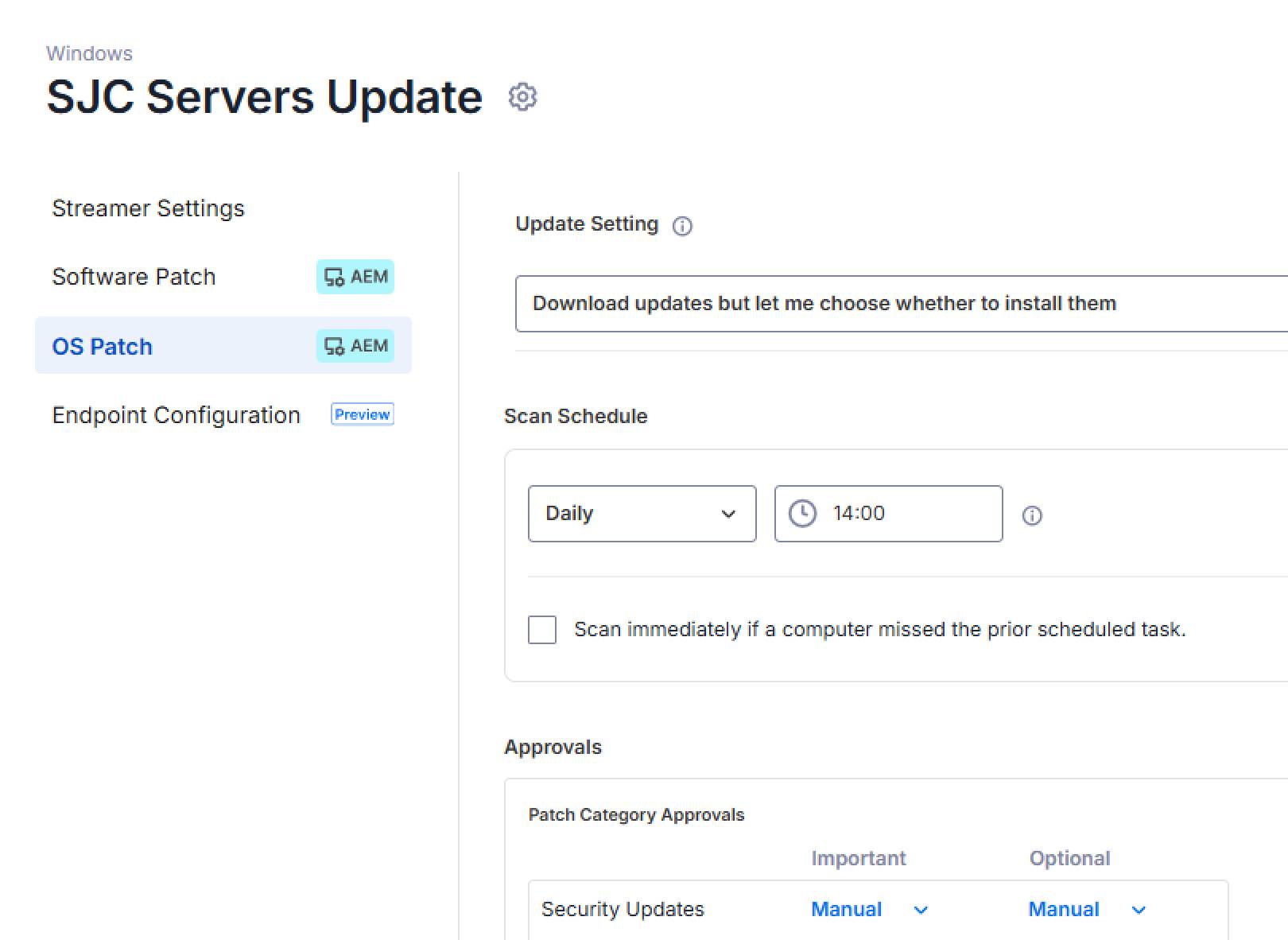 Screenshot of the “SJC Servers Update” settings page, showing options for patching: update settings, scan schedule set to daily at 14:00, and manual approval for security updates.