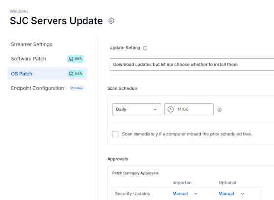 Screenshot of the “SJC Servers Update” settings page, showing options for patching: update settings, scan schedule set to daily at 14:00, and manual approval for security updates.