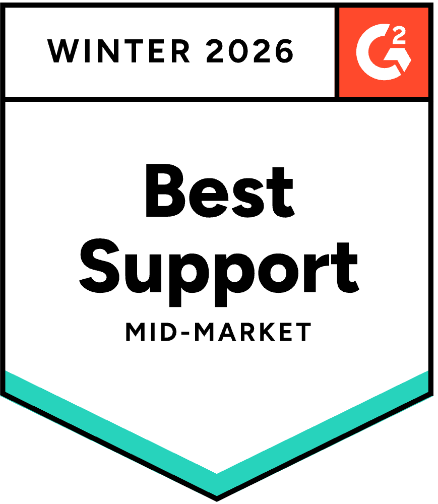 A badge labeled Winter 2026 with the G2 logo and the text Best Support Mid-Market in bold letters, featuring a teal accent at the bottom.
