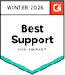 A badge labeled Winter 2026 with the G2 logo and the text Best Support Mid-Market in bold letters, featuring a teal accent at the bottom.