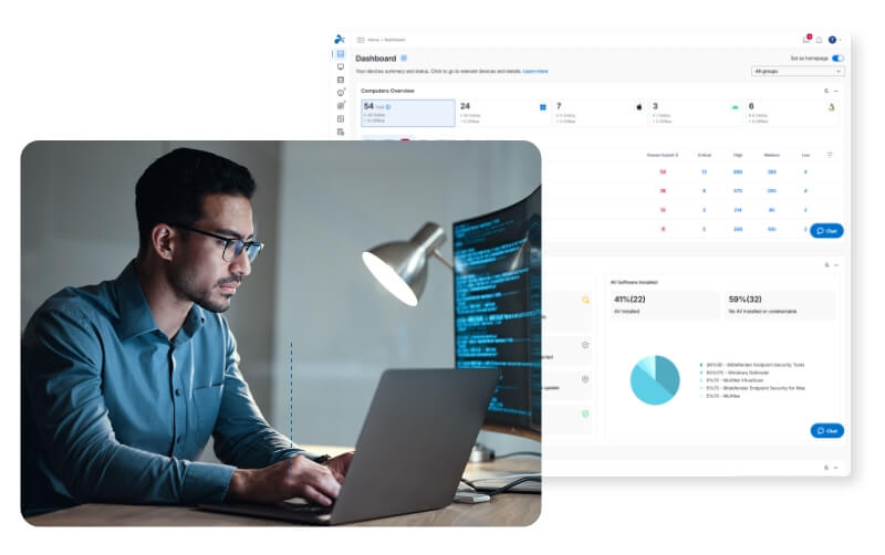 A man sits at a desk with multiple monitors displaying code and graphs, holding documents with charts; the top left shows a computer dashboard for device management and monitoring.
