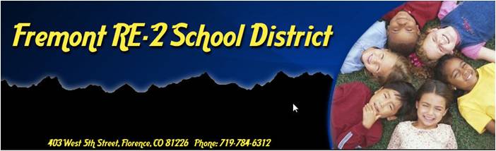 Banner for Fremont RE-2 School District with text, district address, and phone number on a blue and black background. On the right, seven children lie on grass in a circle, smiling up at the camera.