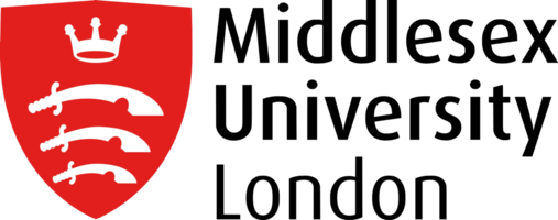 Middlesex University London logo, featuring a red shield with a white crown above three white swords, next to the university name in bold black text.