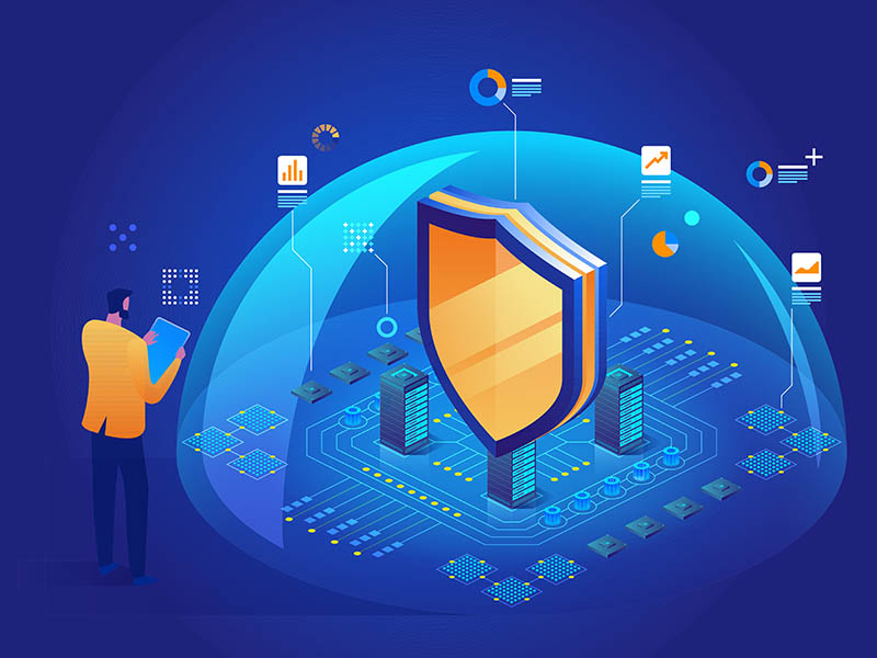 A person with a tablet stands in front of a digital shield symbol, surrounded by servers, data charts, and a protective dome, representing cybersecurity and data protection in a virtual environment.