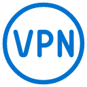 Blue letters VPN are centered inside a blue circle on a light gray background.