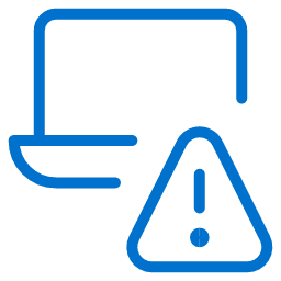 Blue outline icon of a computer monitor with a triangular warning sign containing an exclamation mark in front, suggesting a computer or display error or alert.