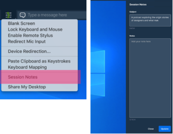 A dropdown menu highlights Session Notes in pink on the left, while on the right, a Session Notes window displays fields for Subject and Notes on a blue computer desktop background.