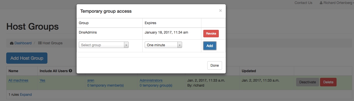 Temporary group access screenshot