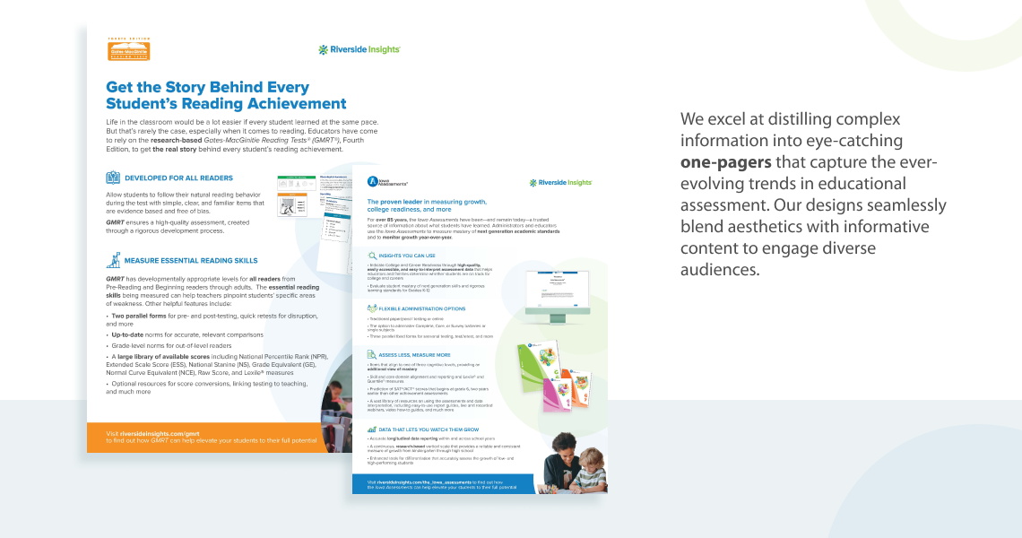 Our ongoing partnership with Riverside Insights, a US-based educational assessment publisher, has allowed us to merge design and education, resulting in visually compelling educational materials, including one-pagers and reports teeming with data, making intricate ideas more approachable for educators.