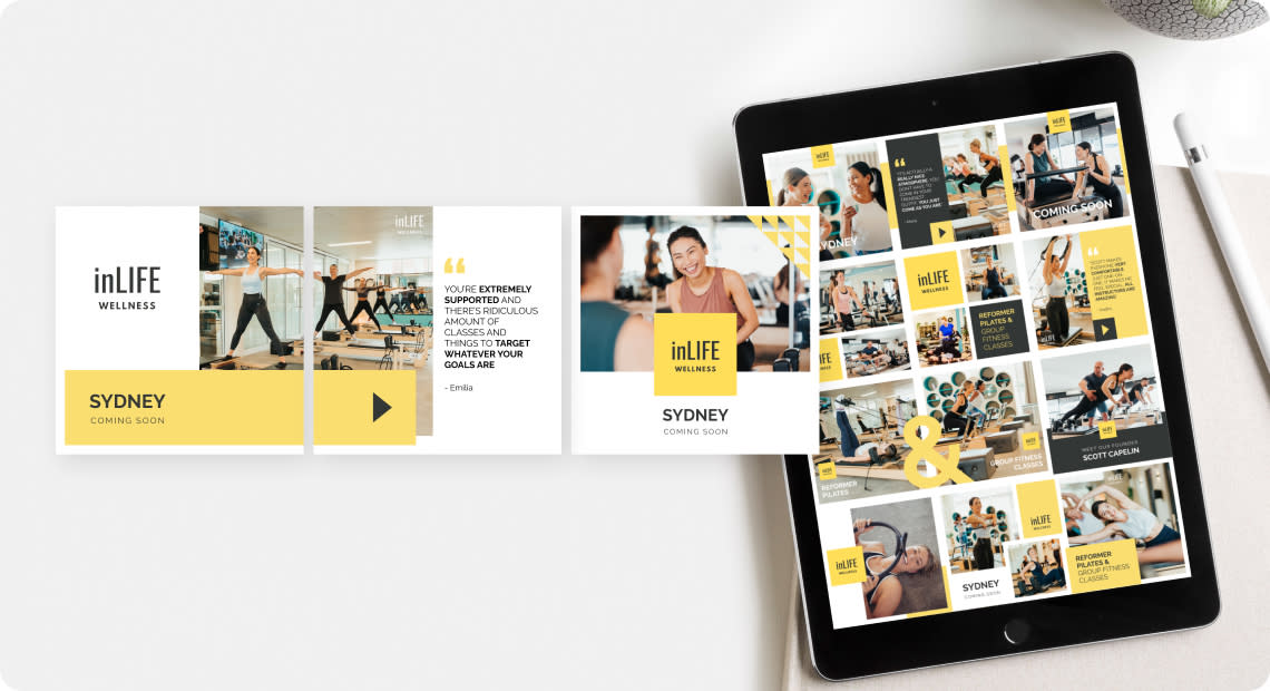 In this recent project, we created easy-to-use Instagram templates and infused  warm colors into the designs to make them feel healthy and happy. Our work included crafting engaging social media grids, eye-catching ads, and a lively GIF, all tailored to resonate with the energetic health and fitness community.