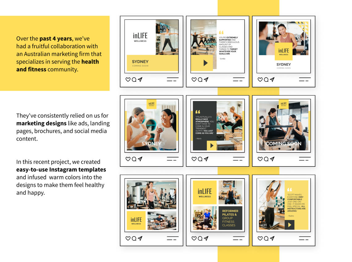 In this recent project, we created easy-to-use Instagram templates and infused  warm colors into the designs to make them feel healthy and happy. Our work included crafting engaging social media grids, eye-catching ads, and a lively GIF, all tailored to resonate with the energetic health and fitness community.