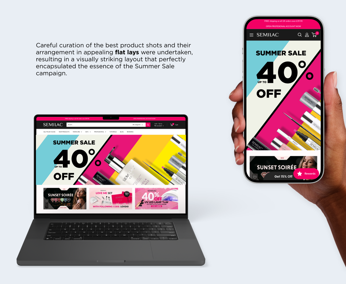 Dynamic social media ads presented as GIFs, website banners tailored for the utilization of Semilac's extensive product collection. 
